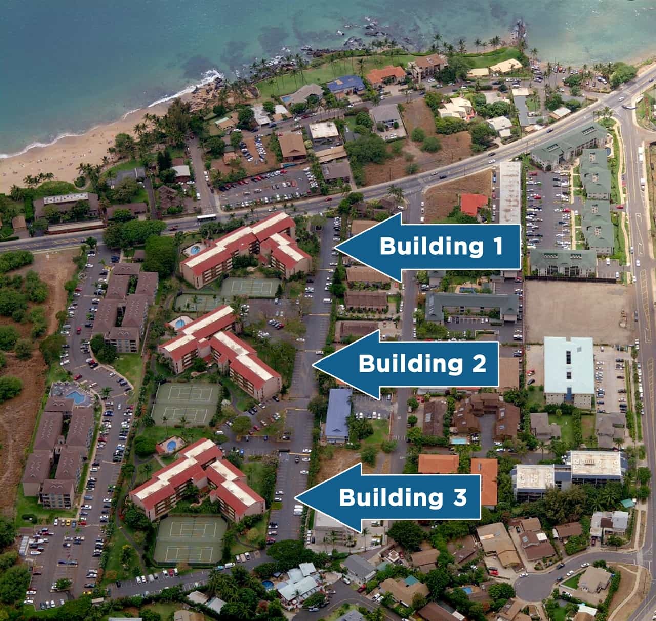 Building 1 is located closest to South Kihei Road