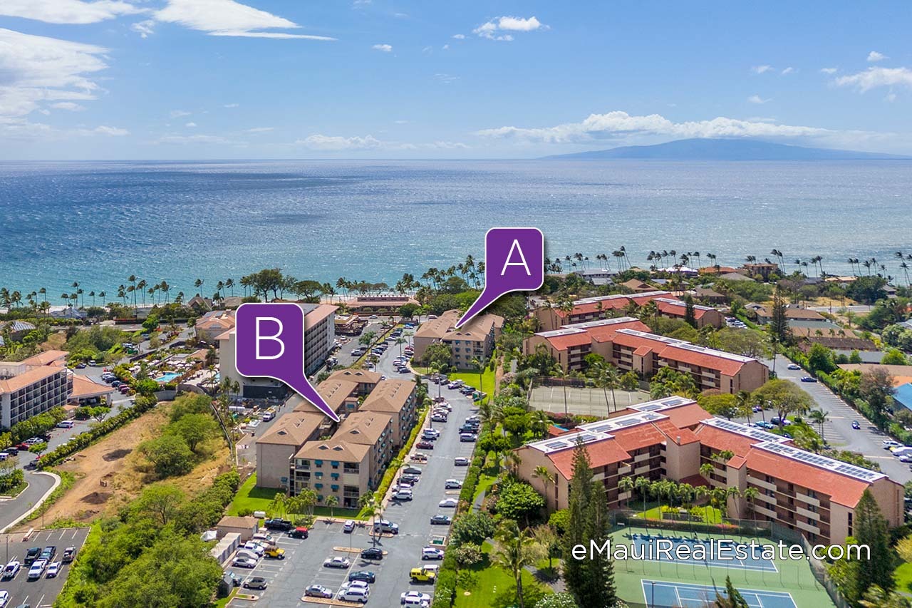The A building at Pacific Shores is located closer to South Kihei Road while the B Building is tucked further back