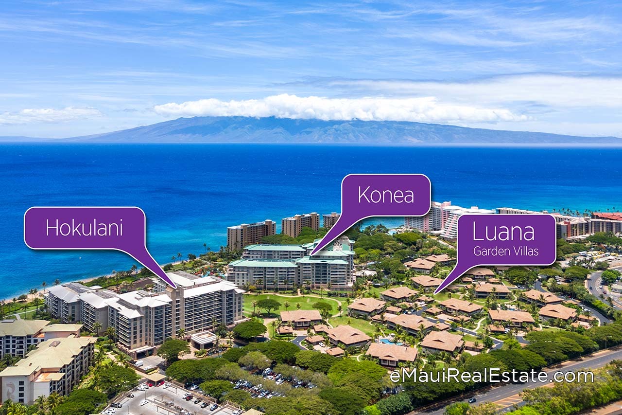 Aerial showing Luana Garden Villas in context with the other Honua Kai buildings of Hokuilani and Konea